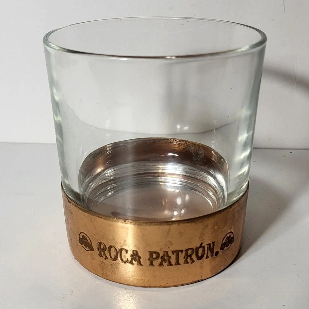 Roca Patron Tequila Rocks Glass Copper Base Metal Wrap Barware Bee Logo